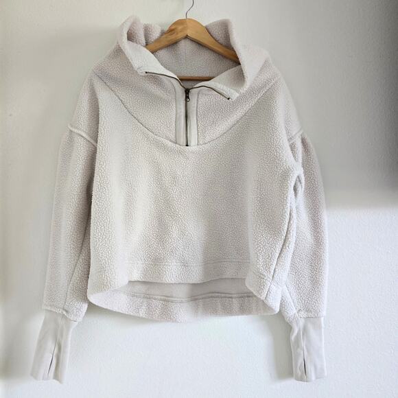 Free People Sherpa Fleece 1/4 Zip Pullover Cropped Cream L Athleisure Gorpcore - Picture 2 of 9